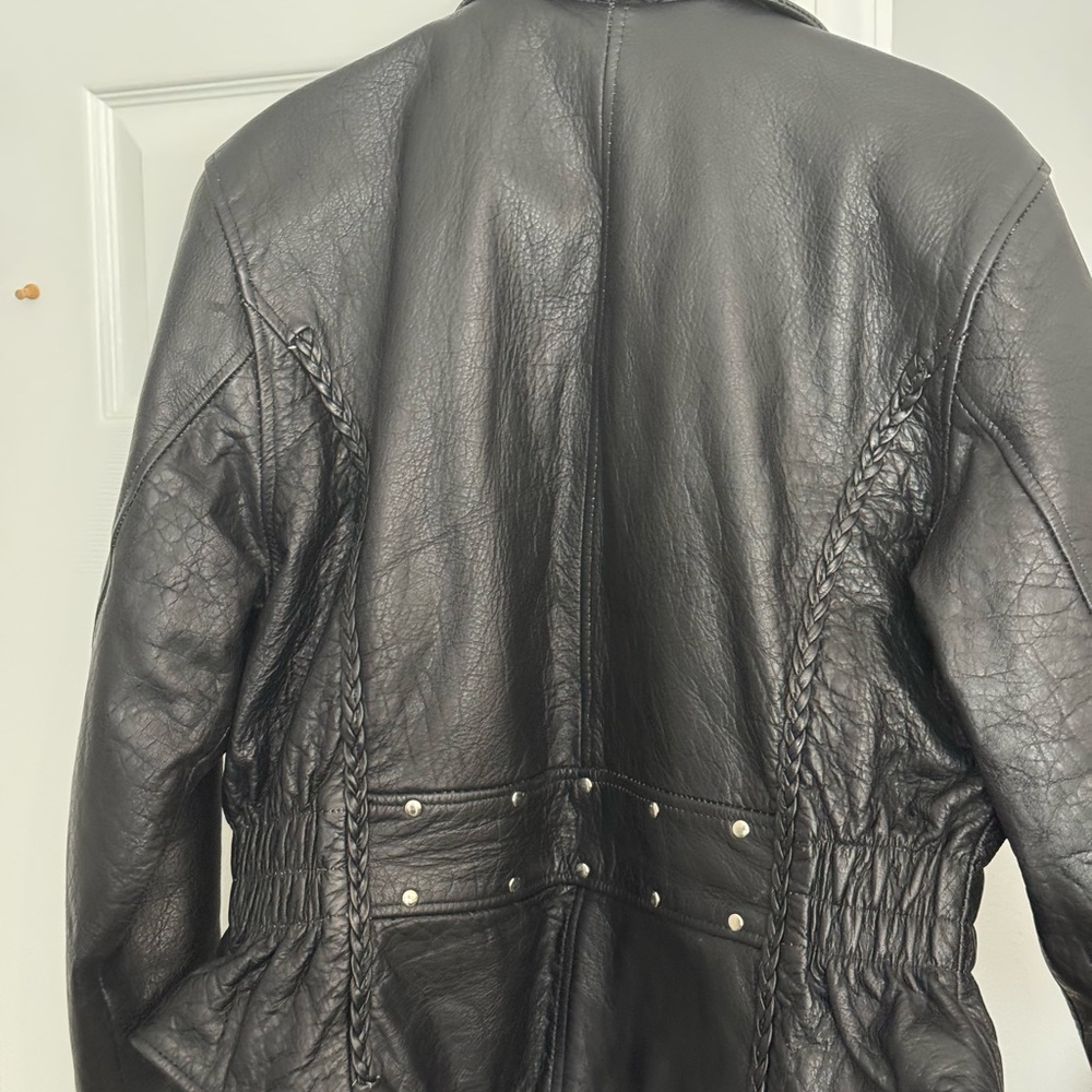 Classic Black Leather Motorcycle Jacket with Asymmetrical Zipper - Picture 2 of 5